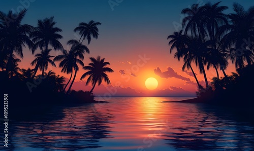 Illustrate a tranquil scene where the sunset’s warm colors merge with the cool reflective tones of the water