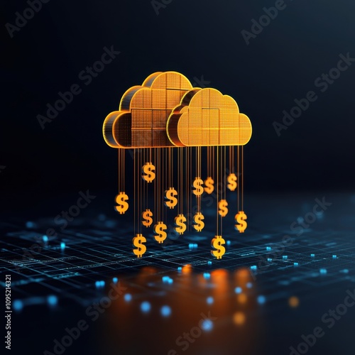 Cloud service storage concept.A digital illustration of a cloud with dollar signs raining down, symbolizing financial technology and cloud computing.