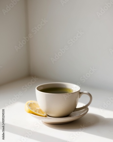 Cup of green tea with a lemon wedge on the side.