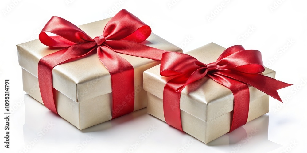 Obraz premium Two Golden Gift Boxes with Red Ribbon, Gift Boxes, Presents
