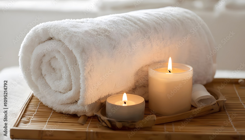 Warm Spa Setup with Rolled Fluffy White Towel and Lit Candle Warm Spa Setup with Rolled Fluffy White Towel and Lit Candle