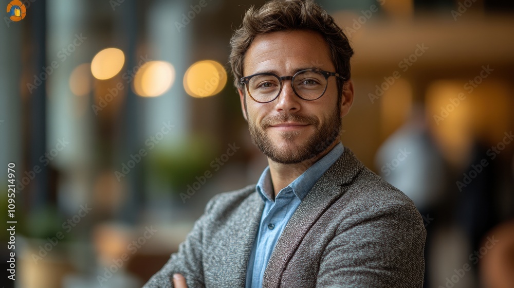 Fototapeta premium A confident young professional with a beard and glasses smiles warmly in a blurred office environment, showcasing a blend of style and success