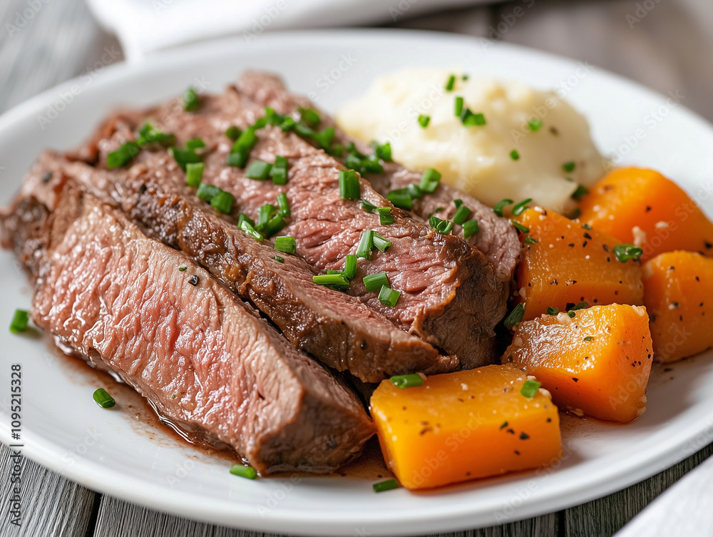 Juicy sliced beef with mashed potatoes and seasoned butternut squash on white plate Juicy sliced beef with mashed potatoes and seasoned butternut squash on white plate