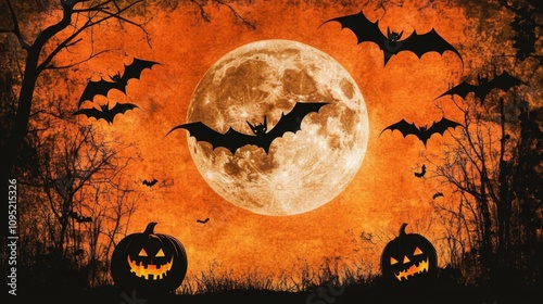 Spooky Halloween Night with Bats and Jack-o-Lanterns