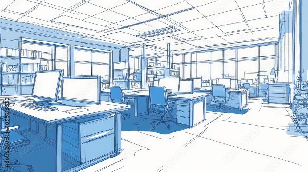 Minimal Office Interior Drawing with Desks, Chairs, Front-Angle View, and No Shadows Minimal Office Interior Drawing with Desks, Chairs, Front-Angle View, and No Shadows