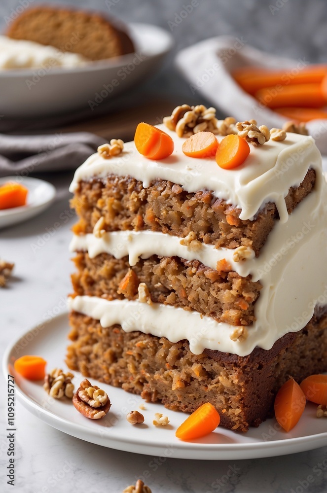 Carrot cake with cream cheese frosting and little carrots on top Carrot cake with cream cheese frosting and little carrots on top
