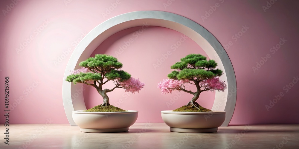 Pink Minimalist Bonsai Trees in White Pots with Archway, interior design, bonsai tree Pink Minimalist Bonsai Trees in White Pots with Archway, interior design, bonsai tree