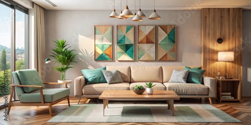 Wallpaper Mural Modern Living Room with Geometric Artwork and Green Accents, Interior Design, Home Decor ,living room, interior design Torontodigital.ca