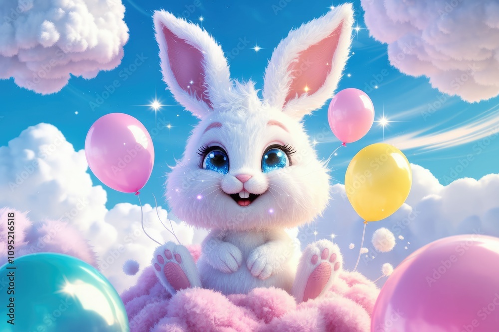 Adorable fluffy white bunny sitting on a pink cloud with pastel balloons in a bright blue sky. Adorable fluffy white bunny sitting on a pink cloud with pastel balloons in a bright blue sky.