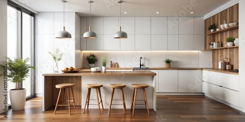 Modern Kitchen Interior Design with Wooden Stools and Pendant Lights, interior design, kitchen decor