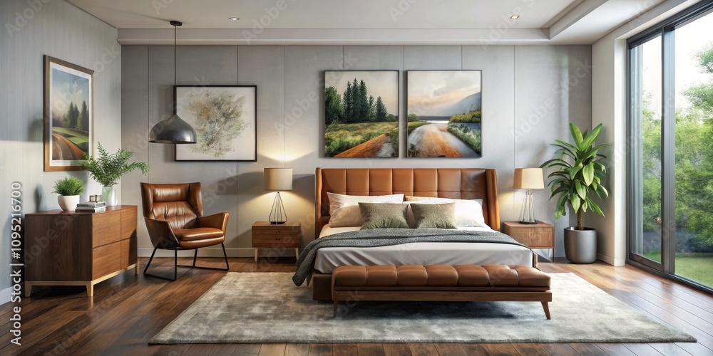 Naklejka premium Modern Bedroom Interior with Leather Bed and Nature Artwork, interior design, bedroom design