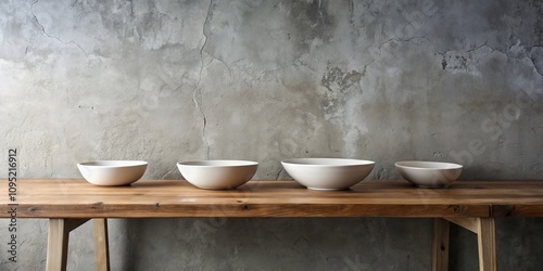 Minimalist White Bowls on Wooden Table Against Concrete Wall, minimalism, interior design