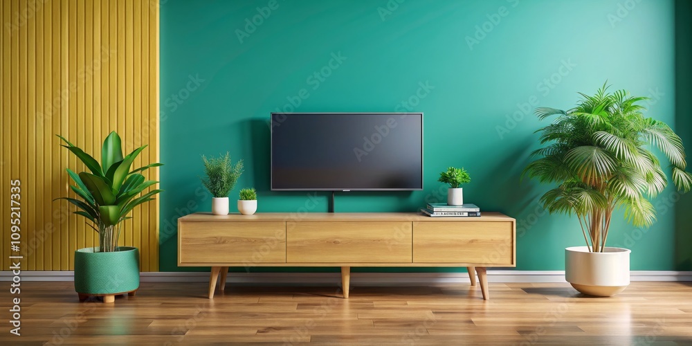 Minimalist Living Room Decor with Wooden Cabinet and Green Wall, TV, Interior Design, Home Decor , interior design, minimalist style