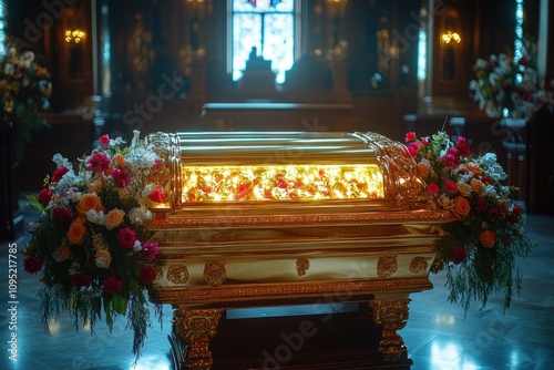 A beautifully ornate golden casket adorned with vibrant flowers, illuminated beautifully, rests in a serene, reverent setting, captured in striking detail photo