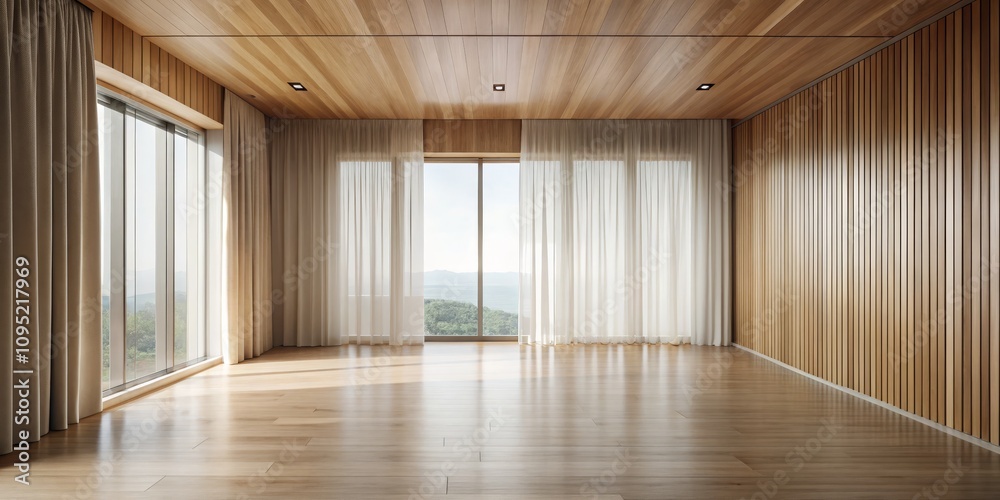 Obraz premium Empty Modern Room with Wood Panels and Large Windows, Interior Design, Minimalism ,interior design, minimalist