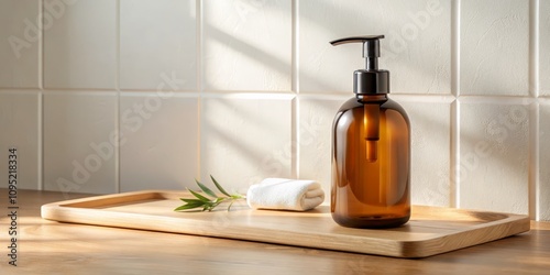 Amber Glass Bottle with Pump Dispenser on Wooden Tray, Minimalist Bathroom, Bathroom Products, Minimalism