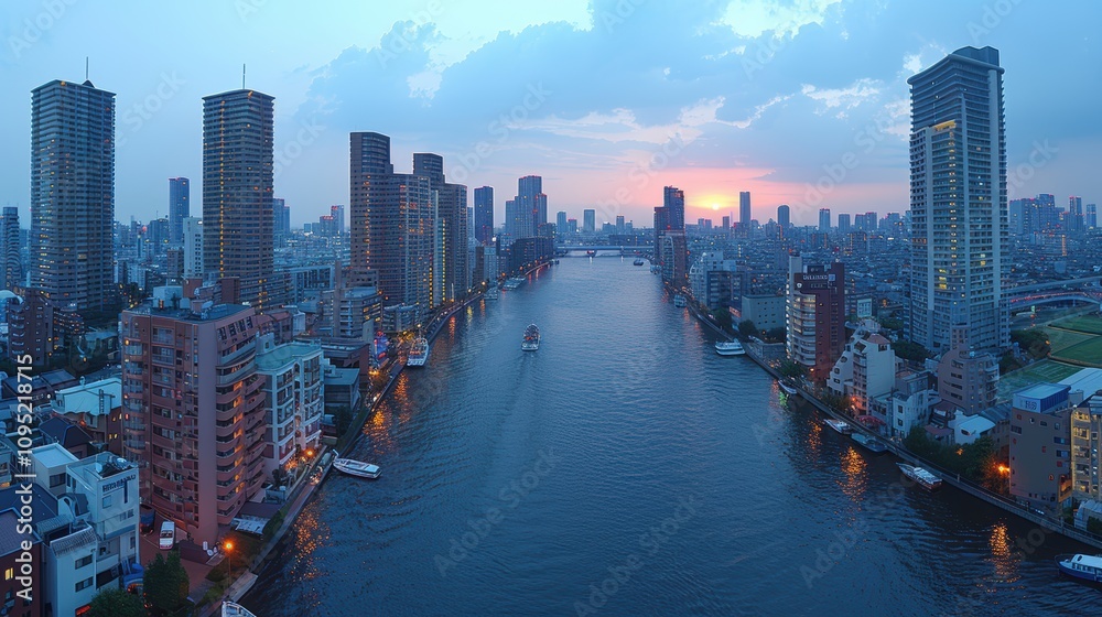 Fototapeta premium A stunning cityscape captures the vibrant essence of urban buildings and waterways at sunset, highlighting the harmonious blend of architecture and nature