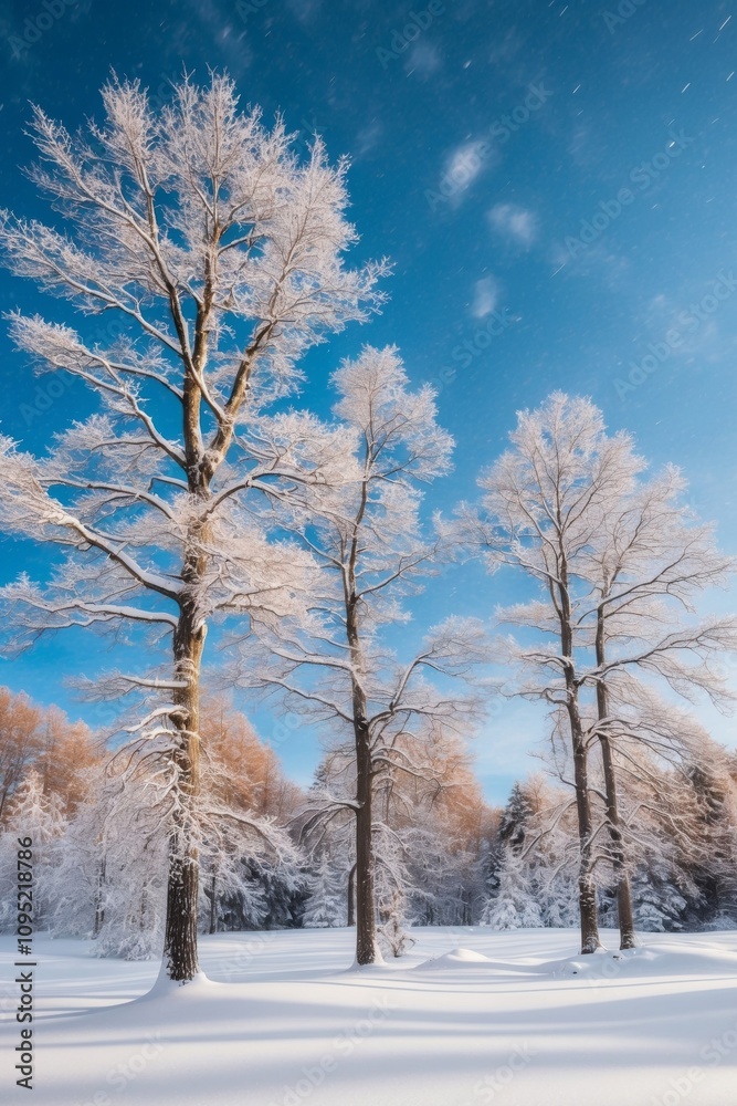 Vibrant winter scenery with trees coated in snow. Vibrant winter scenery with trees coated in snow.