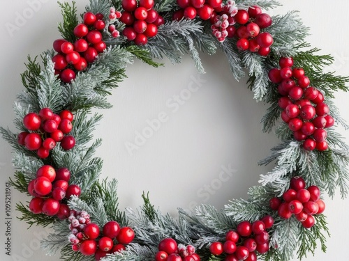 Festive oval wreath adorned with vibrant red berries and frosted greenery perfect for holiday decoration.