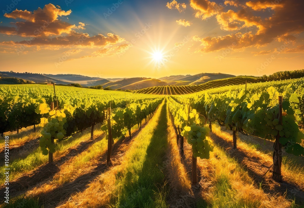 Fototapeta premium vibrant vineyard landscape showcasing sun kissed grapes bathed warm golden light lush green foliage blue sky, sunlight, hills, agriculture, harvest
