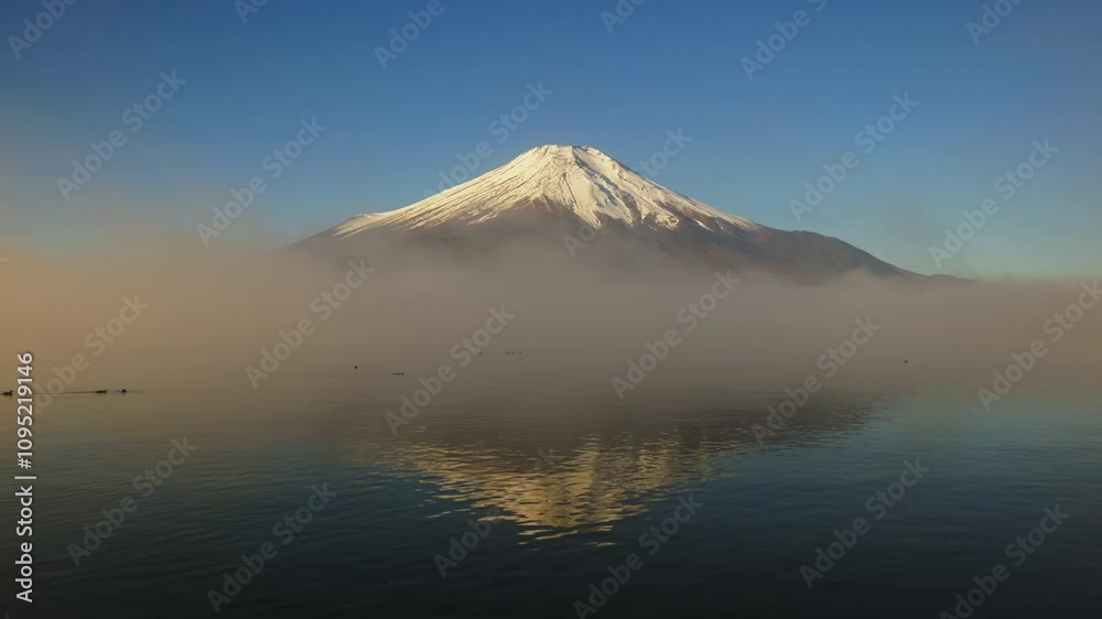Mountain Fuji view with group of swan during sunrise, Lake Yamanaka Japan Mountain Fuji view with group of swan during sunrise, Lake Yamanaka Japan