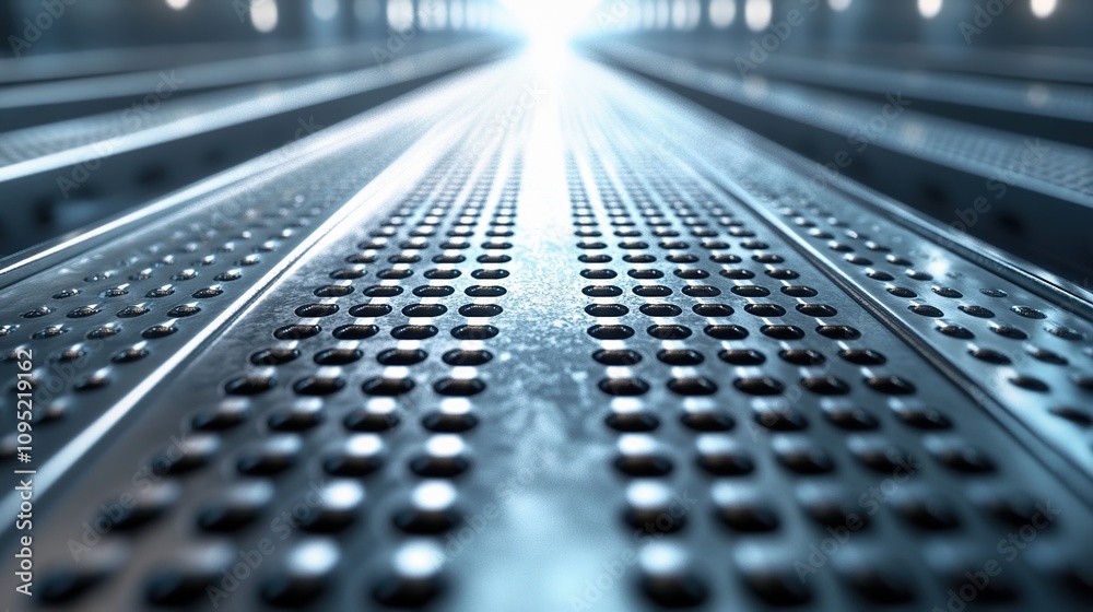 Abstract Metal Surface: Perforated Steel, Industrial Design, Blue Hues
