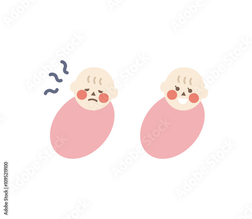 Set of newborn baby girl with different emotion. Child feeling sick and smiling. Healthcare, childcare concepts. Flat design cartoon character vector design isolated illustrations.