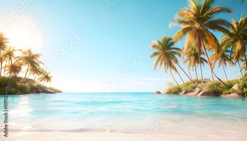 Beach Scene with Palm Trees and Clear Blue Water in a Bright Summer Setting