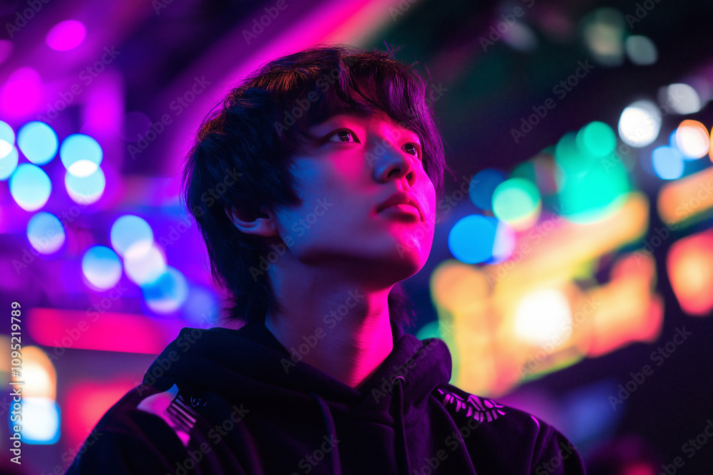Young person immersed in vibrant lights during a nighttime event in the city. Generative AI Young person immersed in vibrant lights during a nighttime event in the city. Generative AI