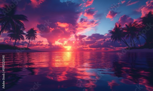 Capture a vibrant sunset over the water with the reflection of palm trees and the colorful sky