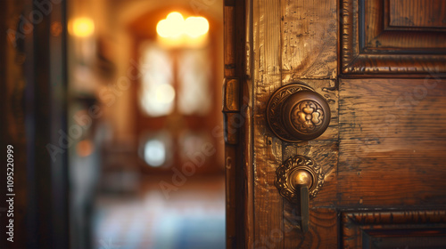 Door slightly ajar with warm lighting, inviting viewers to step into a leadership role, emphasizing the doorknob or handle as a focal point.
