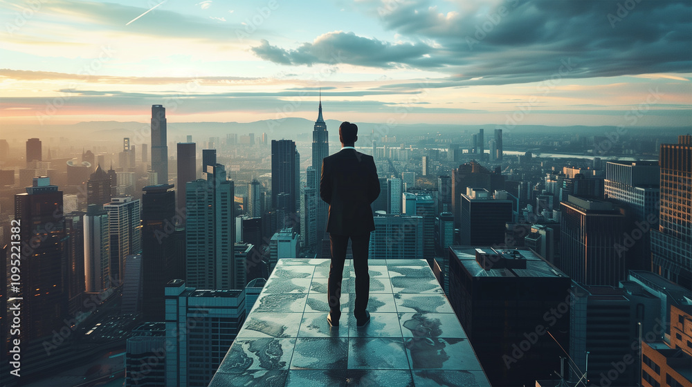 Business, man and thinking at city on rooftop about career or future with goal in company. Professional, person and skyscraper on roof is standing with vision or hope for decision as leader at work Business, man and thinking at city on rooftop about career or future with goal in company. Professional, person and skyscraper on roof is standing with vision or hope for decision as leader at work