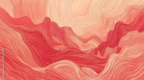 Abstract Landscape with Flowing Lines in Red and Orange