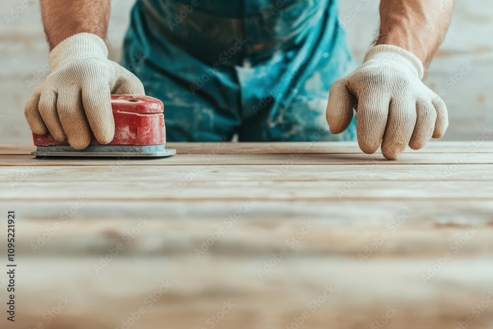 woodwork and tools concept. A woodworker employing a professional orbital sander to achieve an even finish on a bespoke dining table