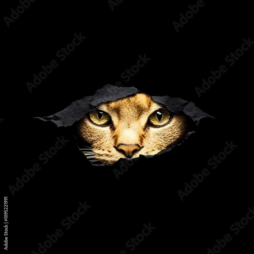 Creative artwork featuring a cat’s eyes peeking through a torn black background, perfect for luxury branding, sales campaigns, or sports-themed promotions with copy space.
 photo