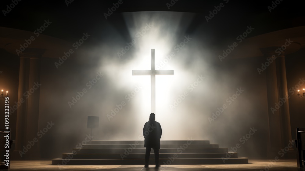 Naklejka premium A person in prayer before a cross, symbolizing faith and reflection with ample copy space