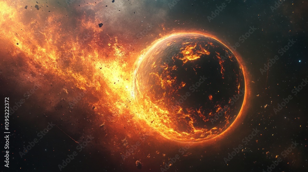 Obraz premium Close up view of a flaming comet colliding with the cold moon. Ai generated image