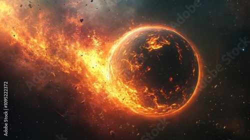 Close up view of a flaming comet colliding with the cold moon. Ai generated image