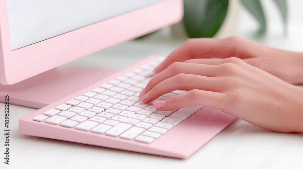 Pink Desktop Computer Keyboard Typing Hands Closeup Pink Desktop Computer Keyboard Typing Hands Closeup