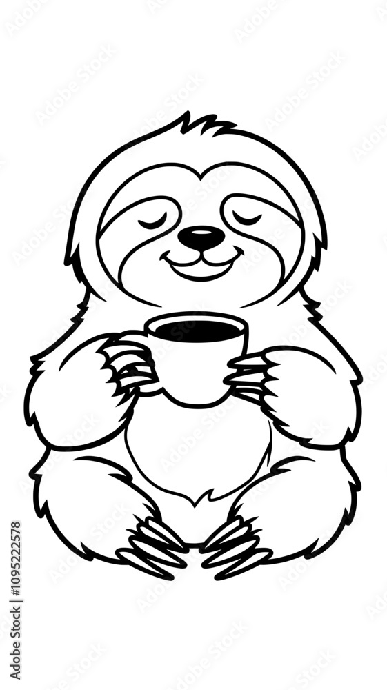 Obraz premium Cute Sloth Holding Coffee Black and White SVG Generative aI 