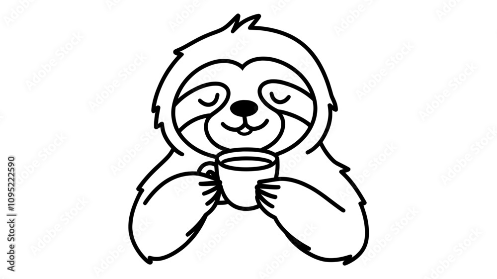 Obraz premium Cute Sloth Holding Coffee Black and White SVG Generative aI 
