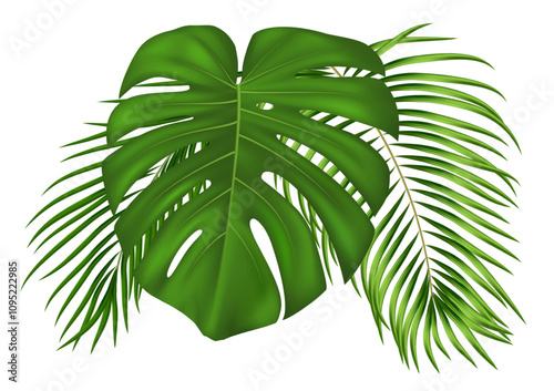 Summer tropical composition with realistic green palm leaves. Botanical design with jungle lush foliage plants for invitation, banner, poster. Vector illustration