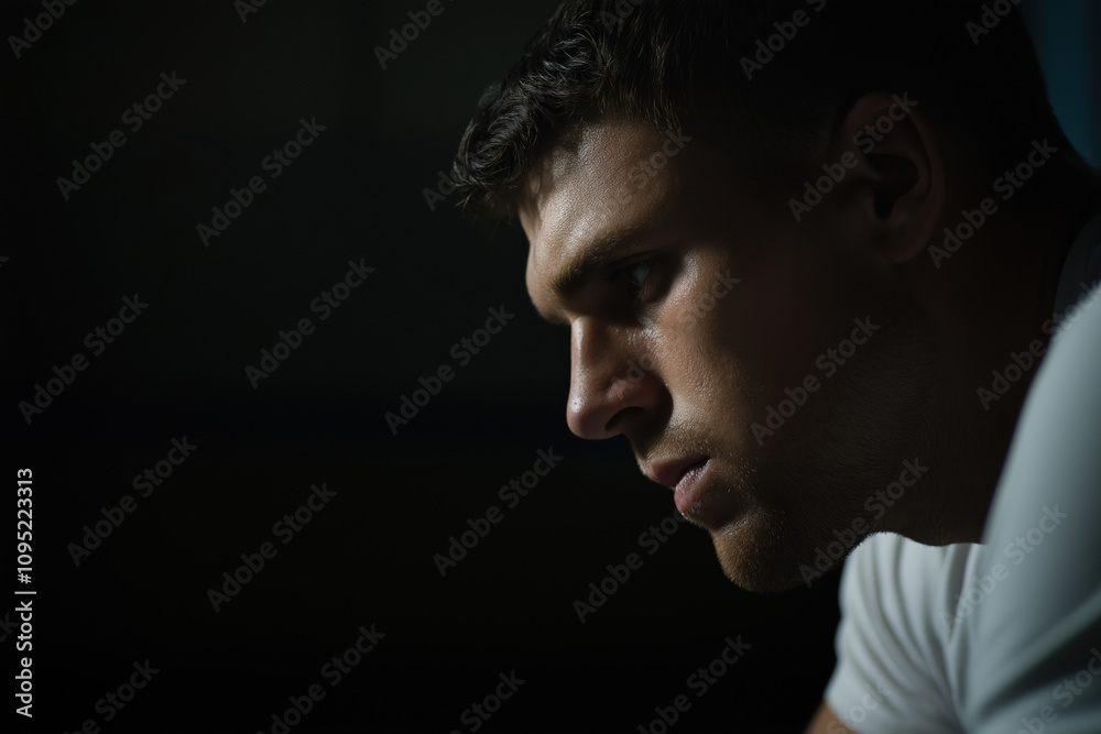 Intense expression of a focused man in low light setting during evening hours Intense expression of a focused man in low light setting during evening hours