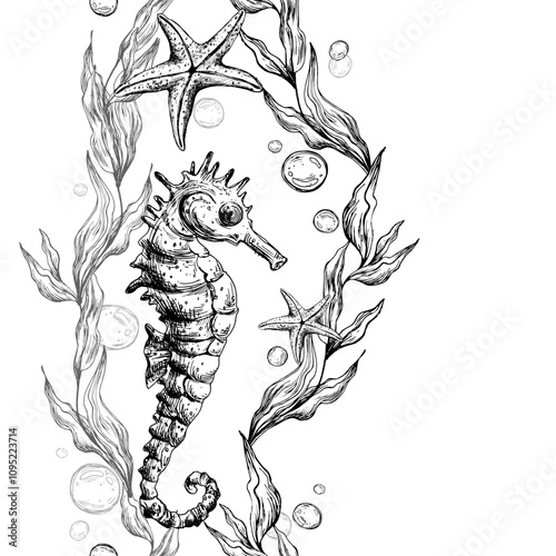 Seahorse, sea blue algae with leaves wriggling in wave with bubbles and coral starfish. Graphic illustration hand drawn in black ink underwater world Seamless vertical border pattern for long projects
