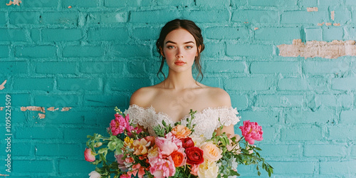 Beautiful bride is holding a wedding colorful bouquet. Beauty of colored flowers. photo