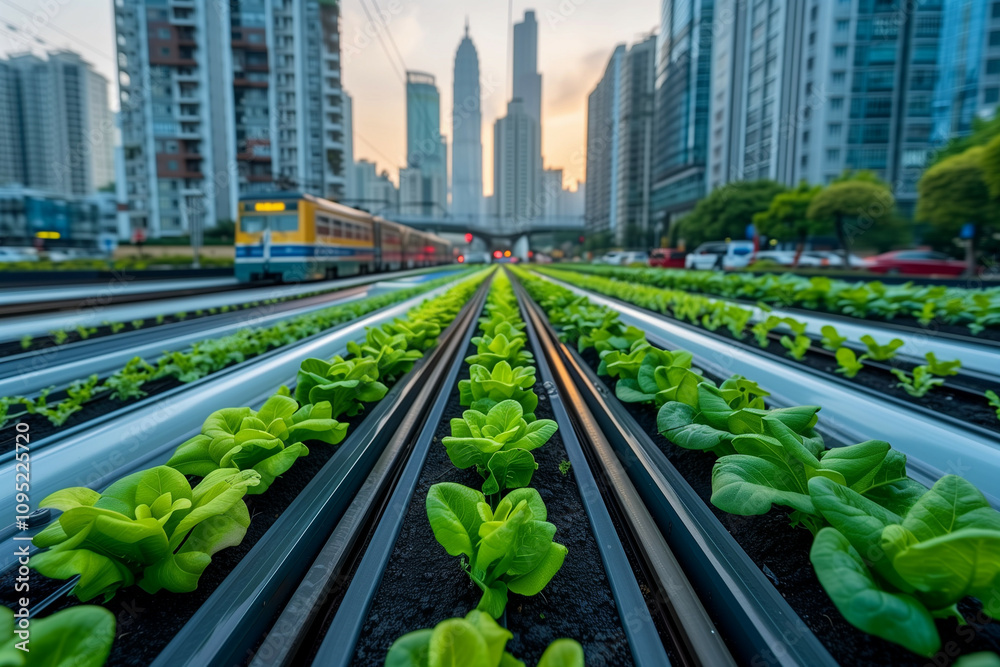 Futuristic Urban Farming Concept with Rows of Green Vegetables on Railway Tracks in a Modern City with High-rise Buildings Futuristic Urban Farming Concept with Rows of Green Vegetables on Railway Tracks in a Modern City with High-rise Buildings