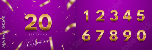 Birthday anniversary golden numbers set template with number 20. Celebration birthday vector background. Gold numbers on purple backdrop with confetti for party invitation, greeting card, poster.