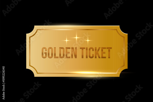 Golden ticket on black background. Gold coupon, sticker or discount tag mockup. Cinema, theater, concert, party, event, festival invitation entrance. Realistic vector illustration.