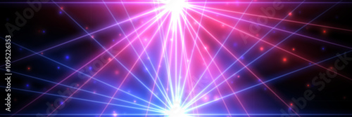 Blue-pink laser lights background. Color neon laser crossed beams isolated on black. Nightclub, disco, dance club, show, concert stage with illumination. Abstract futuristic vector illustration.