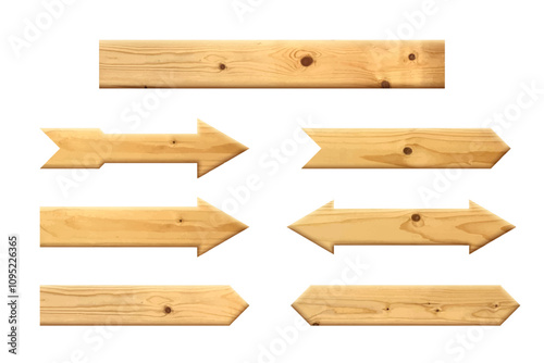 Wooden arrows pointers vector illustration set. Realistic wood sign posts. Blank arrows with wood texture.